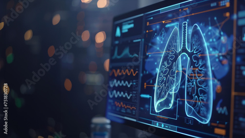 Computer screen with anatomic lungs with an interface with medical information. Electronic health record (EHR) concept. Medical futuristic technology.
