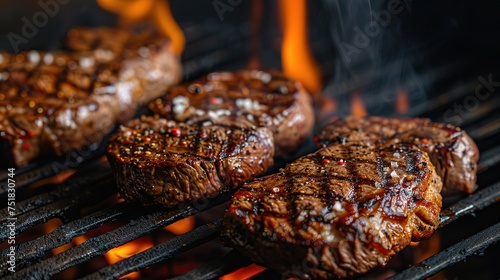 grilling steaks on flaming grill and shot with selective focus. Dark background