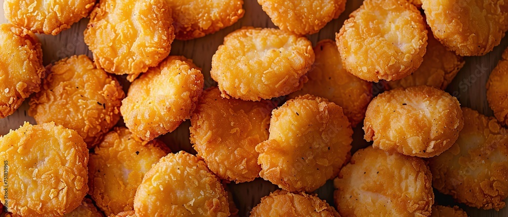 Background of golden fried chicken nuggets in breadcrumbs. Background of golden fried chicken nuggets in breadcrumbs.