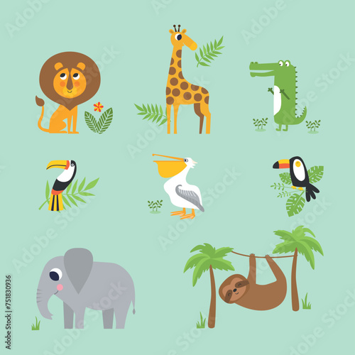 Set of cartoon African animals lion, elephant,giraffe,.