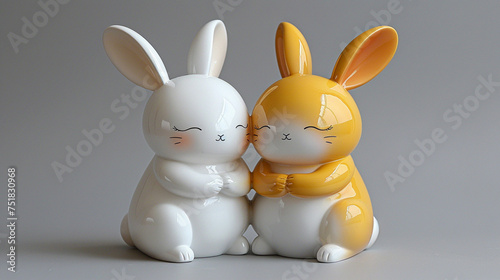  Cute kawaii rabbits toy bunny figurines in front of datk grey background. Horizontal easter banner. photo