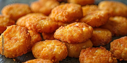 Background of golden fried chicken nuggets in breadcrumbs. photo