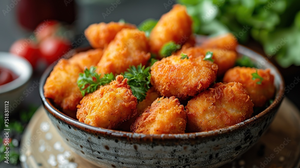 Delicious crispy fried breaded nuggets with ketchup on black plate. Dark background Delicious crispy fried breaded nuggets with ketchup on black plate. Dark background