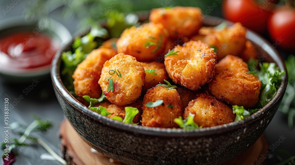 Delicious crispy fried breaded nuggets with ketchup on black plate. Dark background