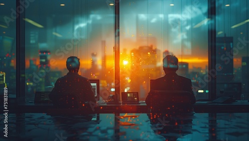 Two individuals are enjoying the sunset view of the city from a window. As darkness falls, the electric blue display of city lights adds to the ambiance