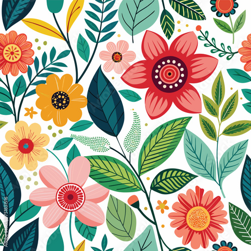 Floral seamless pattern with cute wild  flowers and leaves isolated on a white background