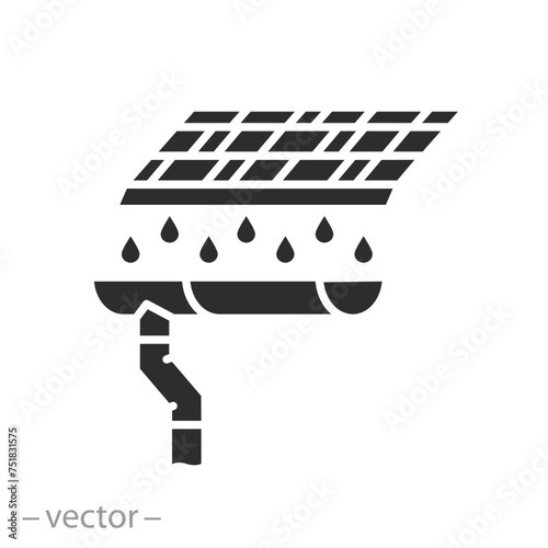 gutter with rain pipe, drain water of roof, flat icon - vector illustration