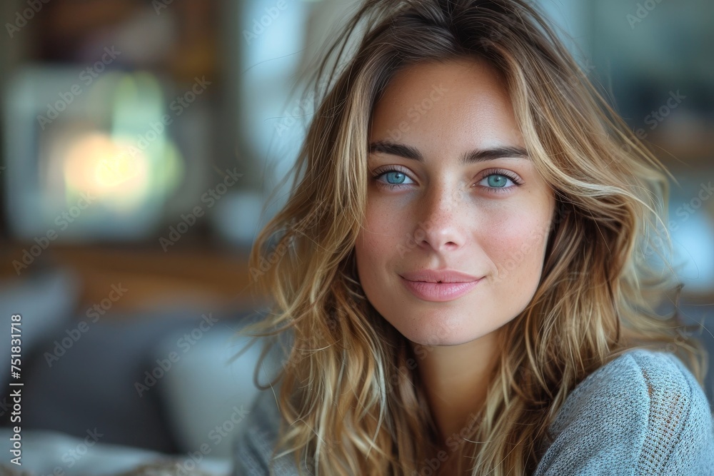 Fototapeta premium Natural light portrait of a relaxed woman with beachy waves, offering a warm smile indoors