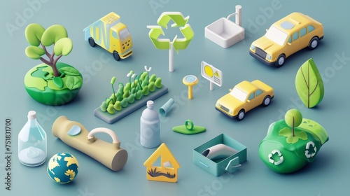 A 3D vector icon set representing various environmental elements including the Earth, electric cars, non-toxic factories, recycle symbols, rubbish bins, plastic bottles, faucets, and leaves photo