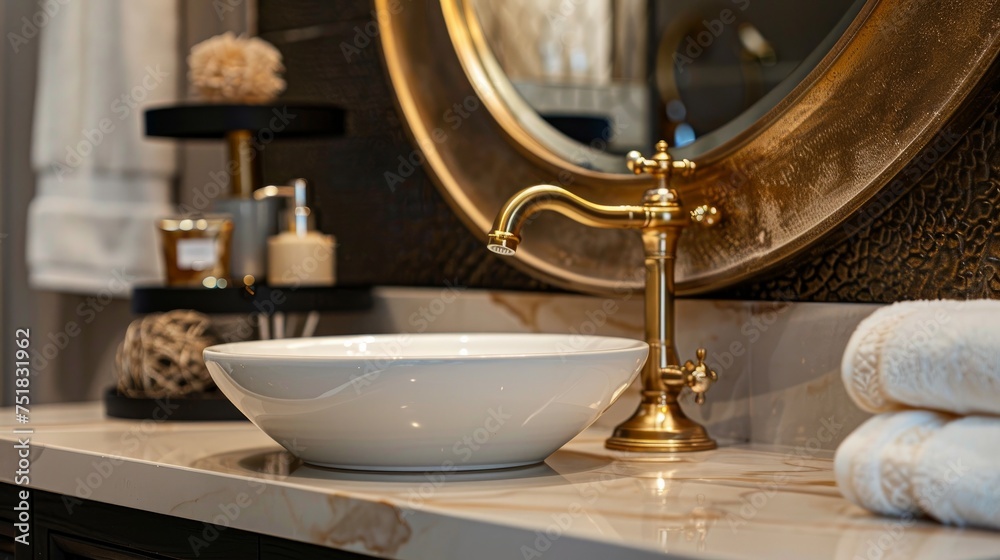 A close-up captures the elegance of a golden faucet adorning a bathroom sink, accompanied by stylish decorations. The scene features a beautiful sink with a golden faucet A close-up captures the elegance of a golden faucet adorning a bathroom sink, accompanied by stylish decorations. The scene features a beautiful sink with a golden faucet
