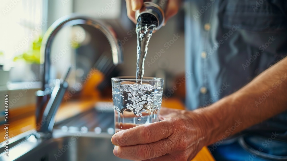 A close-up image capturing a man pouring a glass of fresh water from a kitchen faucet