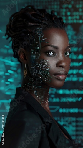 Black young woman close-up. IT specialist, artificial intelligence collage. Working in a data center. Generative AI.