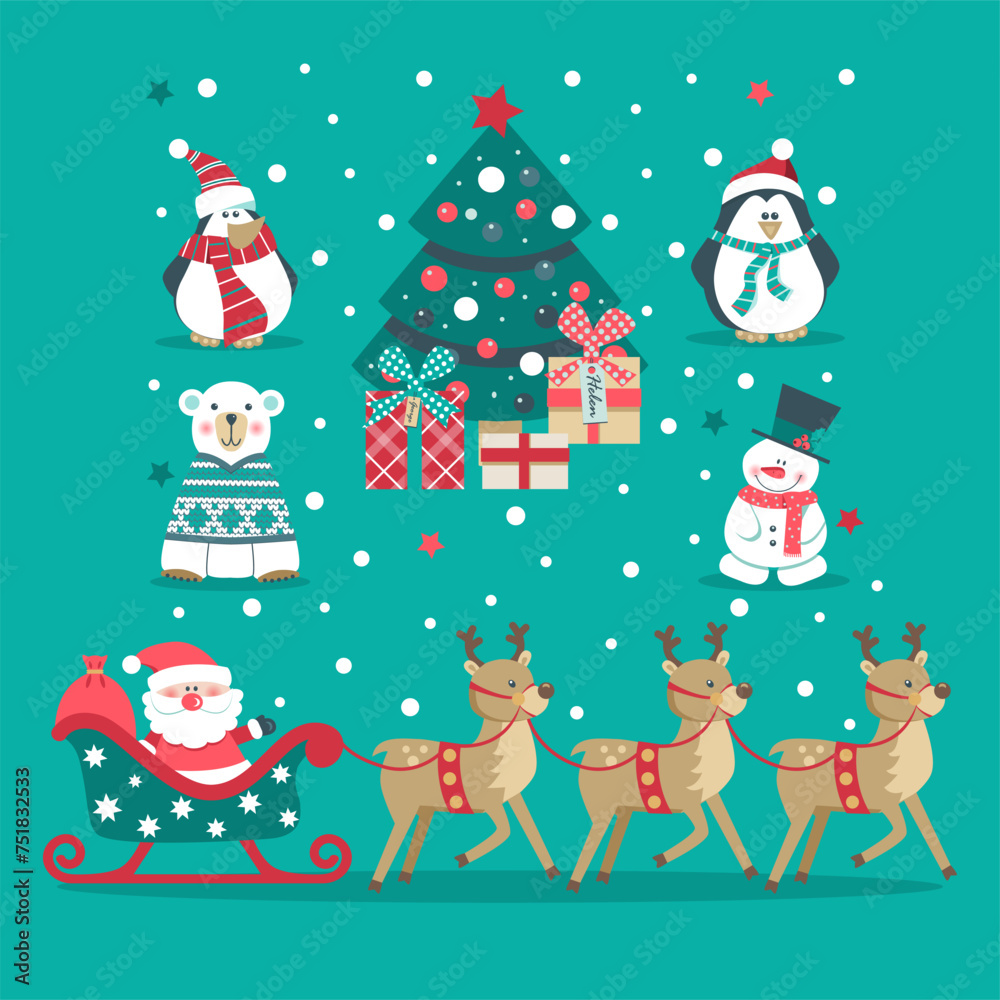 Christmas set with tree, polar bear, snowman, Santa with reindeer on blue background. Christmas set with tree, polar bear, snowman, Santa with reindeer on blue background.