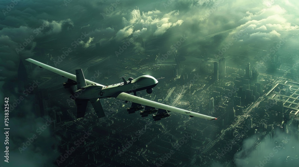 Naklejka premium Advanced UAV drone flying on a surveillance mission over the cityscape