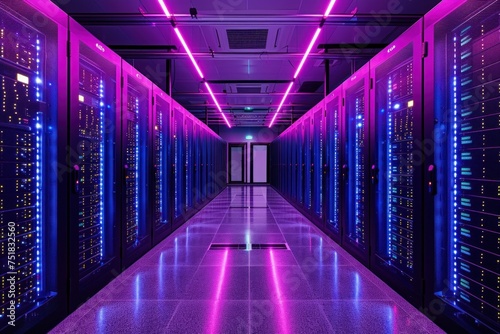 Server room with bright LEDs  a data center where light and technology merge into a virtuoso symphony