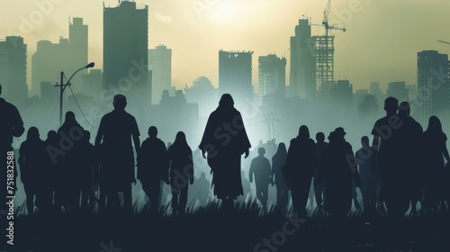 Jesus Christ silhouette leading a silent march for justice in a bustling metropolis.
