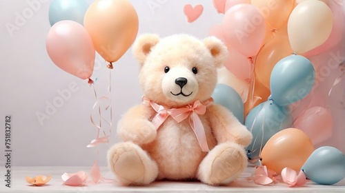 colorful balloons and teddy bear on pink and blue background, birthday and holiday concept, greeting card for child,