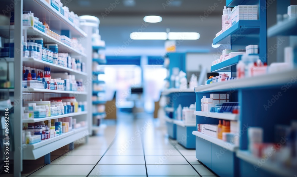 Fototapeta premium A pharmacy store abstract blurred background with medicine standing on the shelves