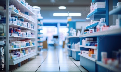 A pharmacy store abstract blurred background with medicine standing on the shelves