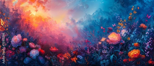 Vivid abstract painting depicting a blooming flower field