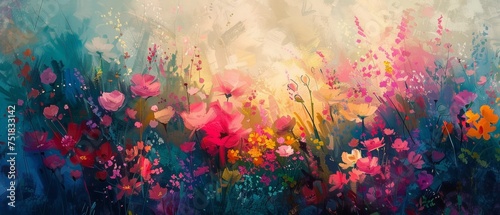Vivid abstract painting depicting a blooming flower field photo
