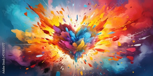 Artistic representation of a bursting heart among vibrantly colored clouds with dynamic effects