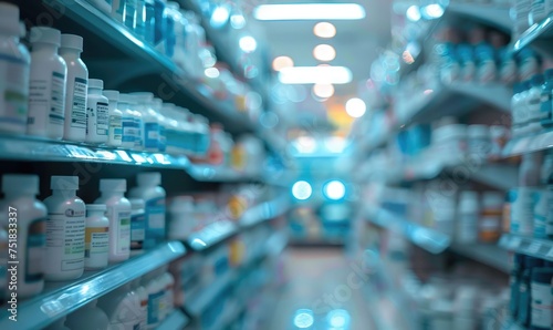 A pharmacy store abstract blurred background with medicine standing on the shelves photo