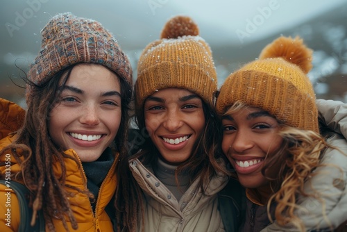 Intimate portrait of three friends in stylish winter outfits, joyful amidst snowfall