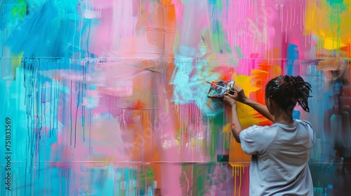 Artist in action painting a large colorful abstract mural on wall