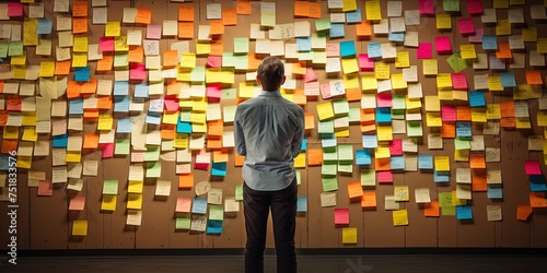 Business man looking at wall full of post it notes
