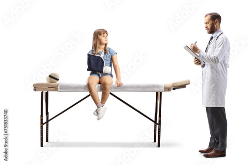 Doctor writing a document and a girl with a broken arm wearing a sling and sitting on a medical bed