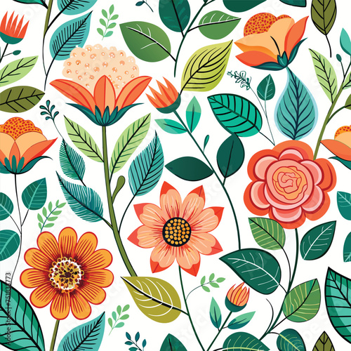 Floral seamless pattern with cute wild  flowers and leaves isolated on a white background