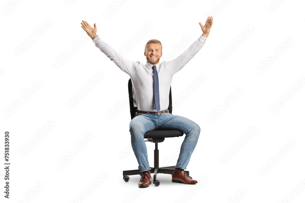 Happy man sitting in an office chair and raising arms Happy man sitting in an office chair and raising arms