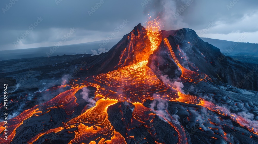 Lava flowing from an erupting volcano, dynamic and dangerous - obrazy, fototapety, plakaty 