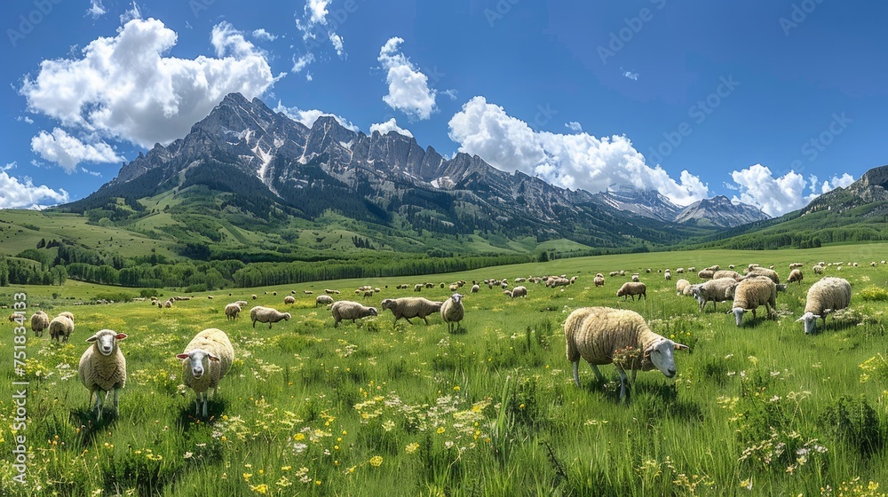 Herd of Sheep Grazing on Lush Green Field