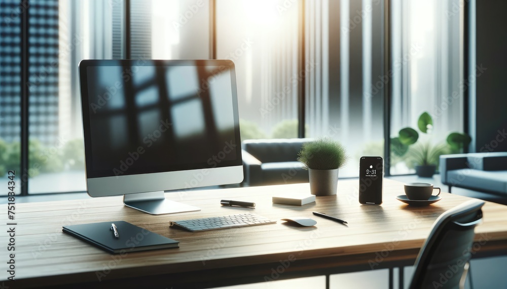 Elegant office workspace featuring a modern computer setup on a wooden desk with a stunning city skyline view through large windows.
Elegant office workspace featuring a modern computer setup on a wooden desk with a stunning city skyline view through large windows.