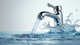 A realistic depiction of water flowing from a faucet, captured in a vector illustration. The water tap icon is isolated on a white background