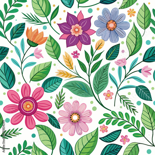 Floral seamless pattern with cute wild flowers and leaves isolated on a white background