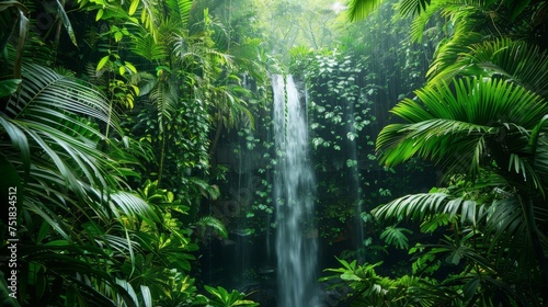 Lush tropical rainforest with a hidden waterfall background