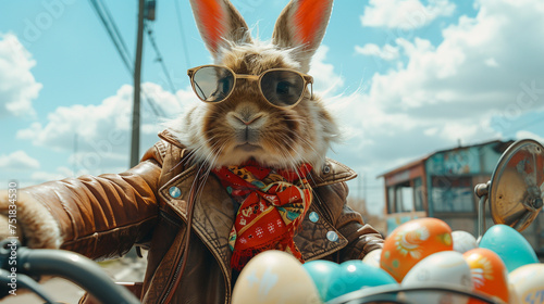 
High-end commercial photography of a stylish Easter bunny, dressed in a leather jacket, driving a motorcycle with a sidecar