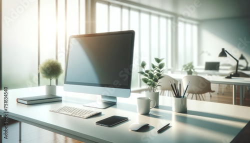 Elegant office workspace featuring a modern computer setup on a wooden desk with a stunning city skyline view through large windows. 