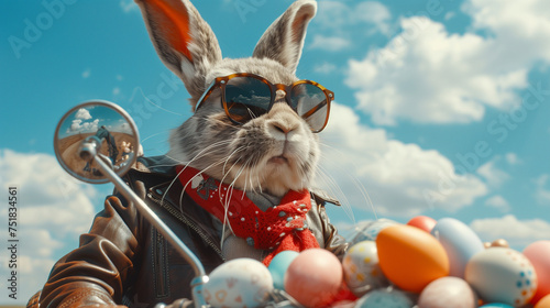 
High-end commercial photography of a stylish Easter bunny, dressed in a leather jacket, driving a motorcycle with a sidecar