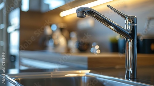 A sleek metallic kitchen faucet, captured in close-up, adds a stylish touch to the modern kitchen decor. Enhanced by the gleaming silver sink and surrounding contemporary furnishings