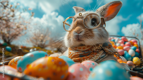 
High-end commercial photography of a stylish Easter bunny, dressed in a leather jacket, driving a motorcycle with a sidecar