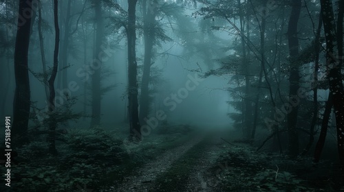 Misty forest morning, serene and mysterious. © furyon