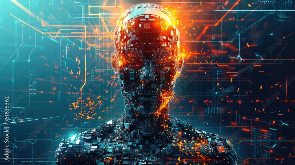towering AI figure, glowing with power, as it absorbs fragments of a ...