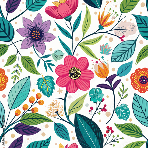 Floral seamless pattern with cute wild  flowers and leaves isolated on a white background