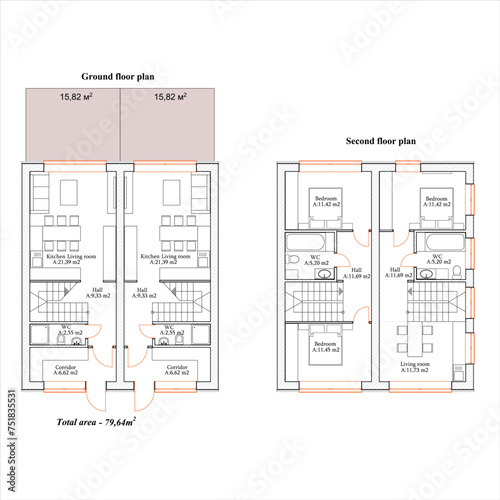 Detailed architectural two story townhouse blueprints and drawings. Vector illustration