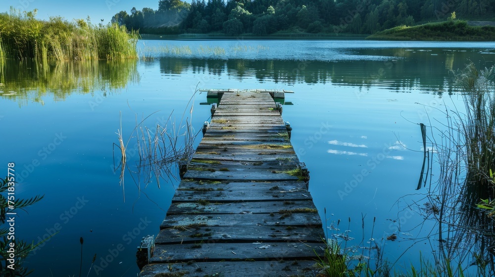 Old wooden jetty on tranquil lake, peaceful and rustic. - obrazy, fototapety, plakaty 