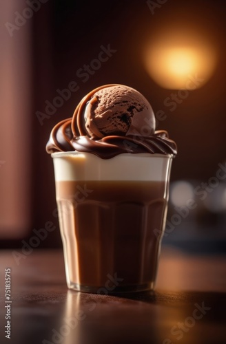 Combines elements of coffee cup, ice cream, chocolate creating visually appealing luxurious image against dark backdrop. For advertising, banner, menu, dessert, cafe themed content. Copy space.